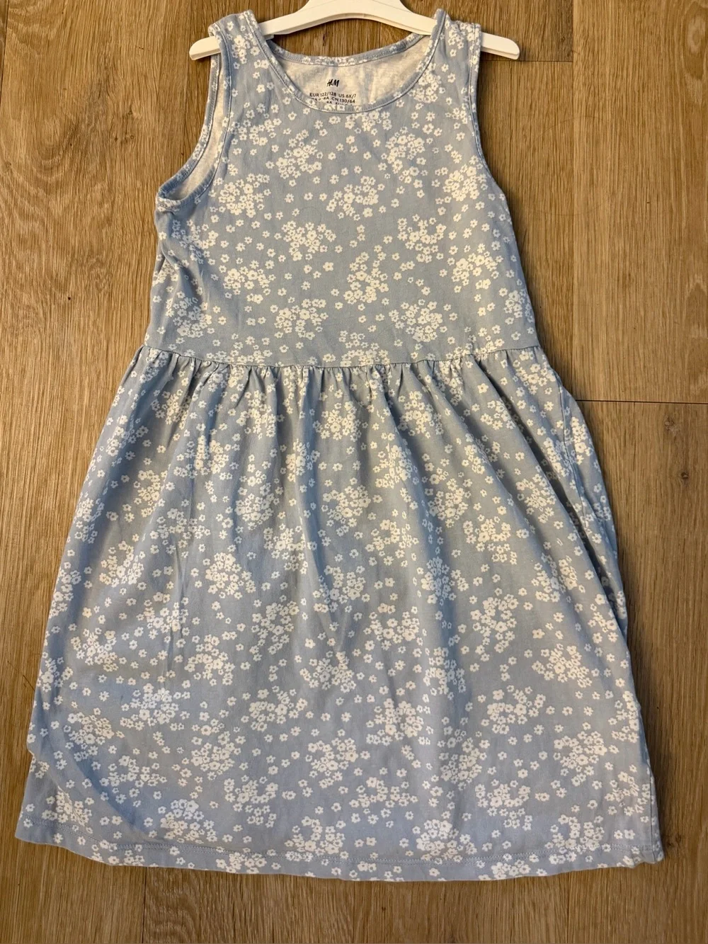 H&M Girl's Size 6X/7 Light Blue Tank Dress With White Floral Pattern